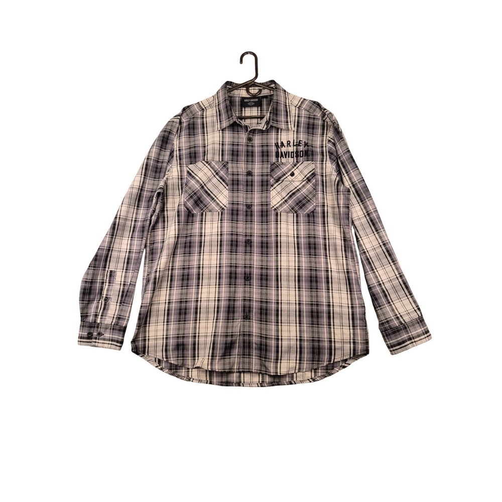 Harley-Davidson Mens XL Plaid Button Down Shirt Grey Black Embroidered Moto